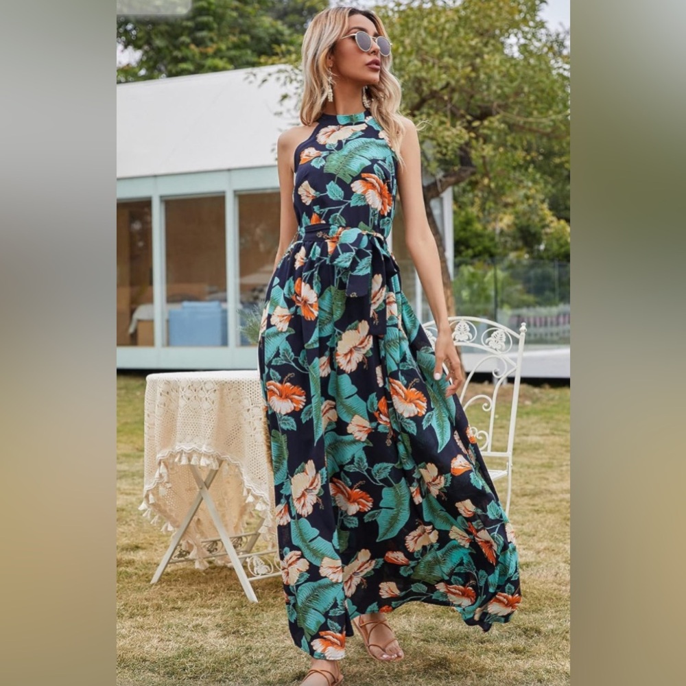 Aakaa Navy Blue Floral Print Cross Back Maxi Dress | NWT